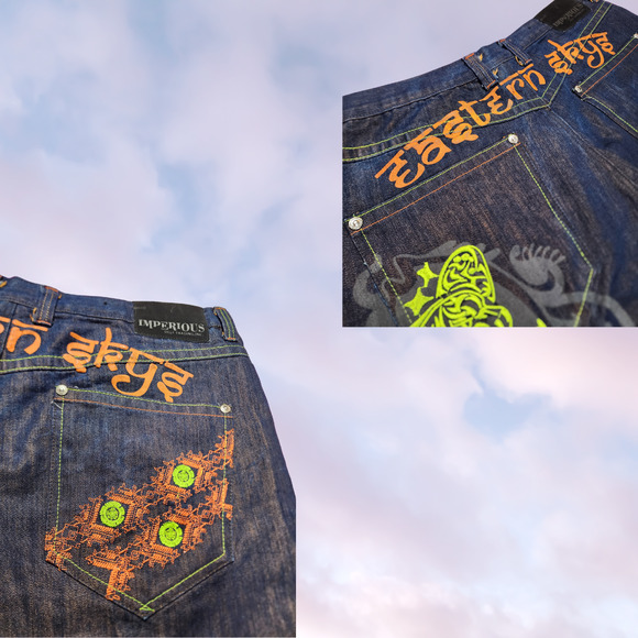 Y2k Imperious Mens Dark Black Wash AOP Baggy Colorful Embroidered Shorts 40 - Picture 5 of 6